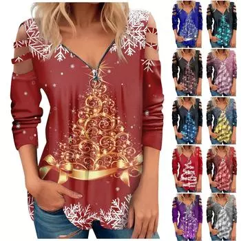 Женская мода повседневная рождественская печать V-образный вырез полые плечи длинный рукав топ L серый