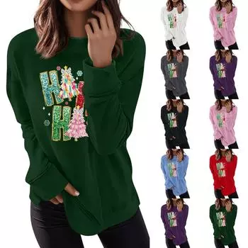 Женская мода повседневная рождественская печатная надпись круглый вырез длинный рукав топ L армия зеленый