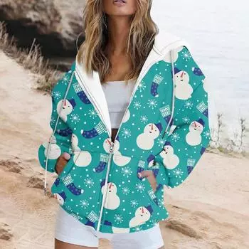 Женская мода повседневная рождественская печатная толстовка осень и зима длинный рукав с карманом кардиган куртка куртка с капюшоном пальто XXL