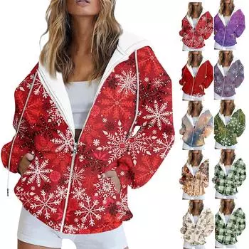 Женская мода повседневная рождественская печатная толстовка осень и зима длинный рукав с карманом кардиган куртка куртка с капюшоном пальто L