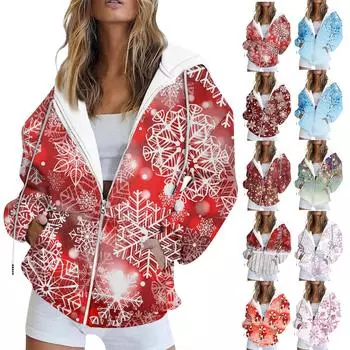 Женская мода повседневная рождественская печатная толстовка осень и зима длинный рукав с карманом кардиган куртка куртка с капюшоном пальто XXL красный
