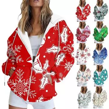 Женская мода повседневная рождественская печатная толстовка осень и зима длинный рукав с карманом кардиган куртка куртка с капюшоном пальто XXL киноварь