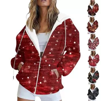 Женская мода повседневная рождественская печатная толстовка осень и зима длинный рукав с карманом кардиган куртка куртка с капюшоном пальто L