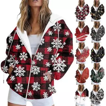 Женская мода повседневная рождественская печатная толстовка осень и зима длинный рукав с карманом кардиган куртка куртка с капюшоном пальто XXL чёрный