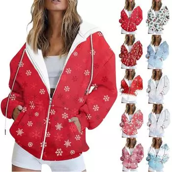 Женская мода повседневная рождественская печатная толстовка осень и зима длинный рукав с карманом кардиган куртка куртка с капюшоном пальто M