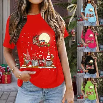 Женская мода повседневная рождественская принтованная футболка с короткими рукавами свободные топы XXL чёрный
