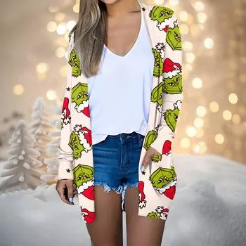 Женская мода повседневная рождественская принтованная куртка-кардиган с длинным рукавом и средней длиной L