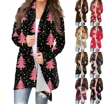Женская мода повседневная рождественская принтованная куртка-кардиган средней длины L