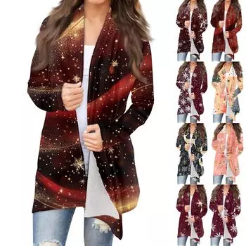 Женская мода повседневная рождественская принтованная куртка-кардиган средней длины XXXXXL