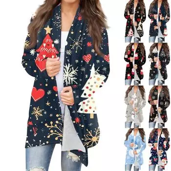 Женская мода повседневная рождественская принтованная куртка-кардиган средней длины L чёрный