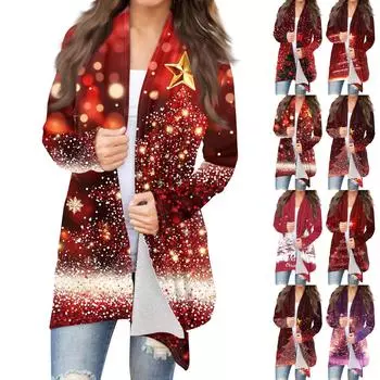 Женская мода повседневная рождественская принтованная куртка-кардиган средней длины XXL