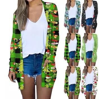 Женская мода повседневная рождественская принтованная куртка-кардиган с длинным рукавом и средней длиной S