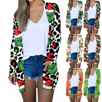 Женская мода повседневная рождественская принтованная куртка-кардиган с длинным рукавом и средней длиной XXXXXL белый