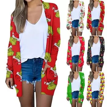 Женская мода повседневная рождественская принтованная куртка-кардиган средней длины XXXL белый