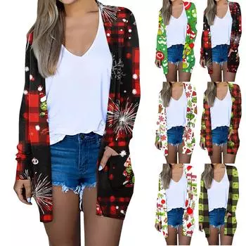 Женская мода повседневная рождественская принтованная куртка-кардиган средней длины M