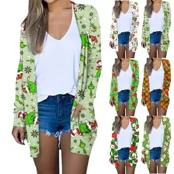 Женская мода повседневная рождественская принтованная куртка-кардиган средней длины L