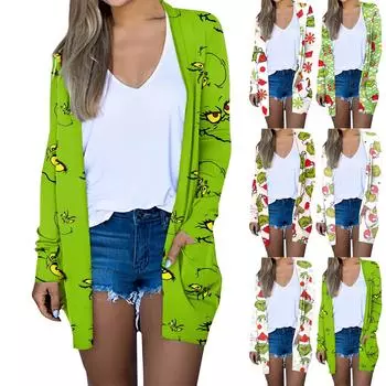 Женская мода повседневная рождественская принтованная куртка-кардиган с длинным рукавом и средней длиной L бежевый