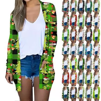 Женская мода повседневная рождественская принтованная куртка-кардиган с длинным рукавом и средней длиной L чёрный