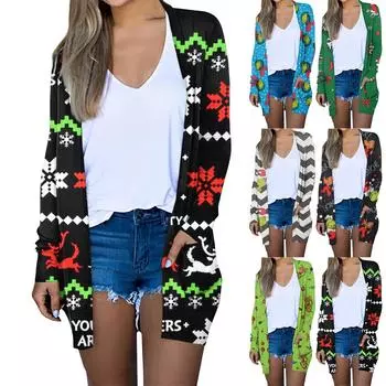 Женская мода повседневная рождественская принтованная куртка-кардиган с длинным рукавом и средней длиной XXXXXL зелёный