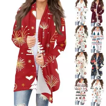 Женская мода повседневная рождественская принтованная куртка-кардиган средней длины S