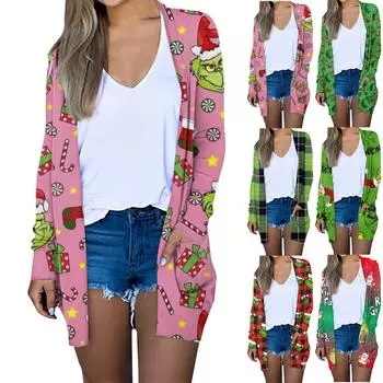 Женская мода повседневная рождественская принтованная куртка-кардиган средней длины XL