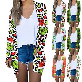 Женская мода повседневная рождественская принтованная куртка-кардиган средней длины XL