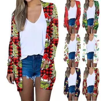 Женская мода повседневная рождественская принтованная куртка-кардиган средней длины L темно-зеленого