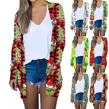 Женская мода повседневная рождественская принтованная куртка-кардиган с длинным рукавом и средней длиной XXXXL чёрный