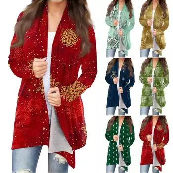 Женская мода повседневная рождественская принтованная куртка с длинным рукавом и передней планкой с принтом S красный