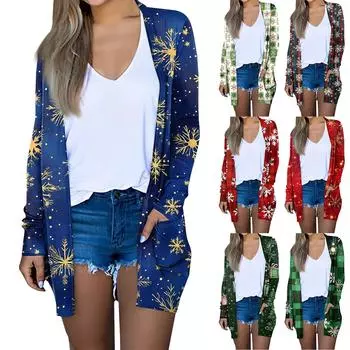 Женская мода повседневная рождественская принтованная куртка средней длины с длинными рукавами XXL зелёный