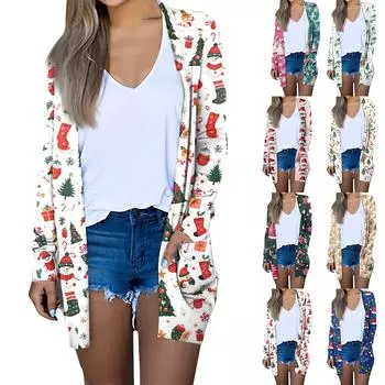 Женская мода повседневная рождественская принтованная куртка средней длины с длинными рукавами L синий