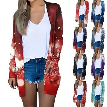 Женская мода повседневная рождественская принтованная куртка средней длины с длинными рукавами XXXL чёрный