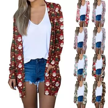 Женская мода повседневная рождественская принтованная куртка средней длины с длинными рукавами L зелёный