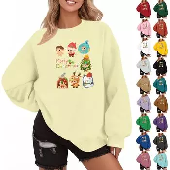 Женская мода повседневная рождественская принтованная осень и зима свободный круглый вырез пуловер свитшот топ M