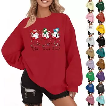 Женская мода повседневная рождественская принтованная осень и зима свободный круглый вырез пуловер свитшот топ S