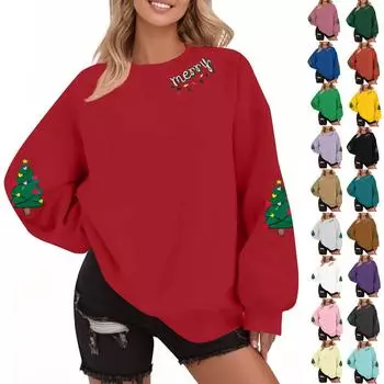 Женская мода повседневная рождественская принтованная осень и зима свободный круглый вырез пуловер свитшот топ XL чёрный