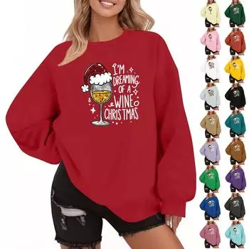 Женская мода повседневная рождественская принтованная осень и зима свободный круглый вырез пуловер свитшот топ L армия зеленый