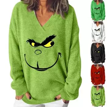 Женская мода повседневная рождественская принтованная трикотажная кофта с V-образным вырезом и длинными рукавами, модный милый свитшот XL красный