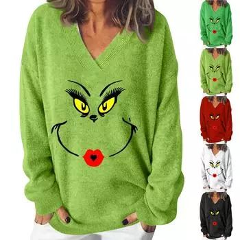 Женская мода повседневная рождественская принтованная трикотажная кофта с V-образным вырезом и длинными рукавами, модный милый свитшот L чёрный