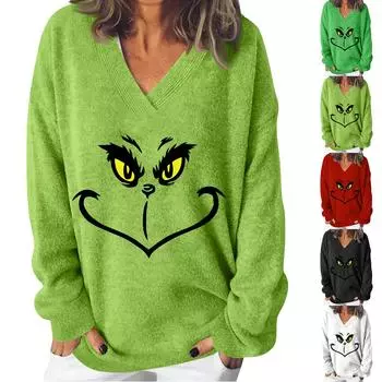 Женская мода повседневная рождественская принтованная трикотажная кофта с V-образным вырезом и длинными рукавами, модный милый свитшот L чёрный