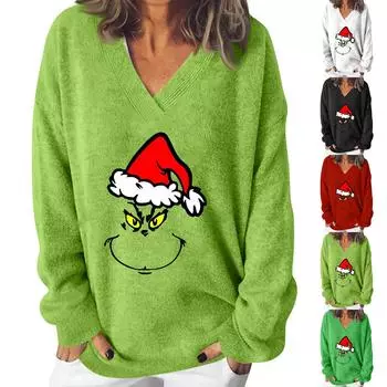 Женская мода повседневная рождественская принтованная трикотажная кофта с V-образным вырезом и длинными рукавами, модный милый свитшот L чёрный