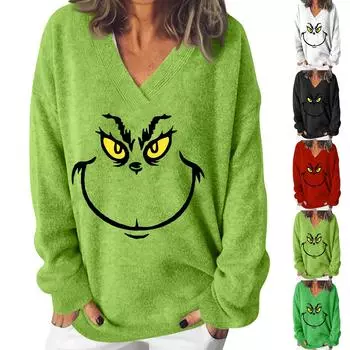 Женская мода повседневная рождественская принтованная трикотажная кофта с V-образным вырезом и длинными рукавами, модный милый свитшот M зелёный