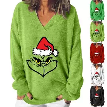 Женская мода повседневная рождественская принтованная трикотажная кофта с V-образным вырезом и длинными рукавами, модный милый свитшот L армия зеленый