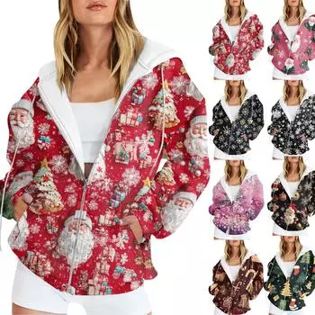 Женская мода повседневная рождественская принтовая толстовка осень-зима с длинным рукавом кардиган куртка с карманом на молнии толстовка с капюшоном куртка S чёрный