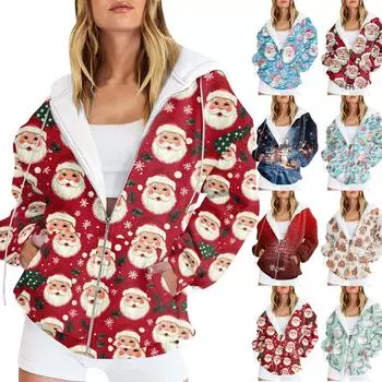 Женская мода повседневная рождественская принтовая толстовка осень-зима с длинным рукавом кардиган куртка с карманом на молнии толстовка с капюшоном куртка L