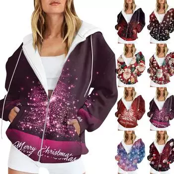 Женская мода повседневная рождественская принтовая толстовка осень-зима с длинным рукавом кардиган куртка с карманом на молнии толстовка с капюшоном куртка XL