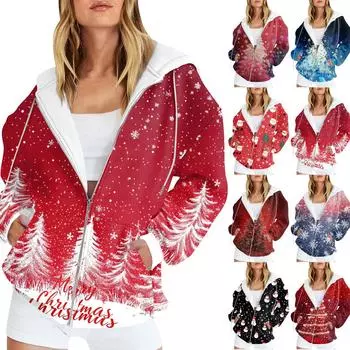 Женская мода повседневная рождественская принтовая толстовка осень-зима с длинным рукавом кардиган куртка с карманом на молнии толстовка с капюшоном куртка L