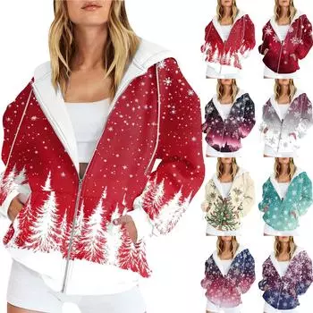 Женская мода повседневная рождественская принтовая толстовка осень-зима с длинным рукавом кардиган куртка с карманом на молнии толстовка с капюшоном куртка XL винный