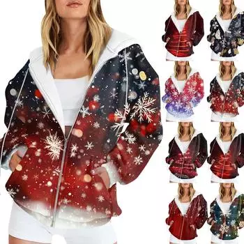 Женская мода повседневная рождественская принтовая толстовка осень-зима с длинным рукавом кардиган куртка с карманом на молнии толстовка с капюшоном куртка M синий
