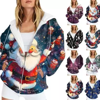 Женская мода повседневная рождественская принтовая толстовка осень-зима с длинным рукавом кардиган куртка с карманом на молнии толстовка с капюшоном куртка M